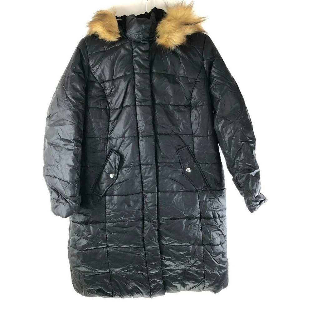 Roamans Puffer Coat Hooded Faux Fur Trim Water Resistant Pockets Black M 14/16